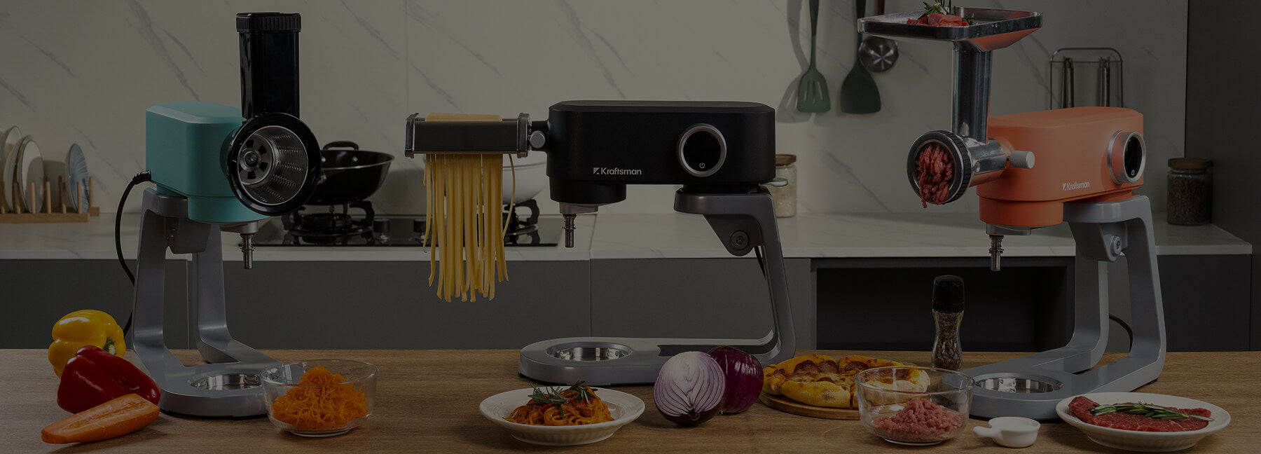 Kraftsman stand mixers arranged in a kitchen setting.